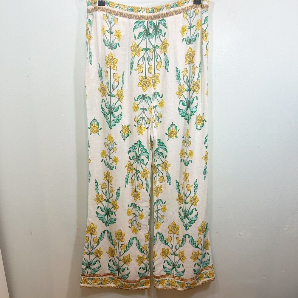 DRAPER JAMES RSVP Linen Blend White Yellow Floral Pants Size L Casual Vacation